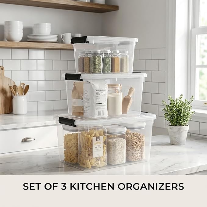 Clear Storage Latch Box/Bin, 3-Pack Plastic Organizing Container with Handle and Lids (7QT/16QT/22QT)