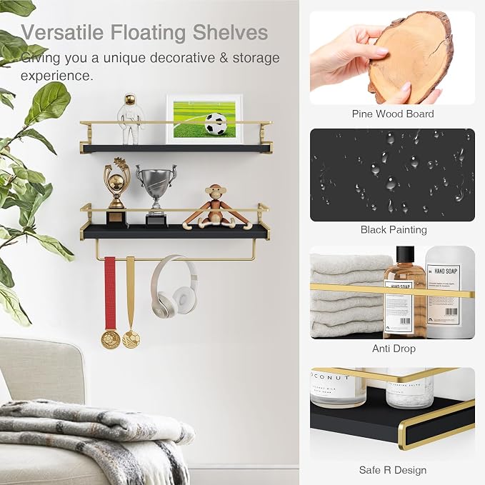 Forbena Black and Gold Bathroom Floating Shelves for Wall, Decorative Wall Mounted Shelves for Kitchen Coffee Bar Station Organizers and Storage, Hanging Shelving Unit for Bedroom Living Room (2-Pack)