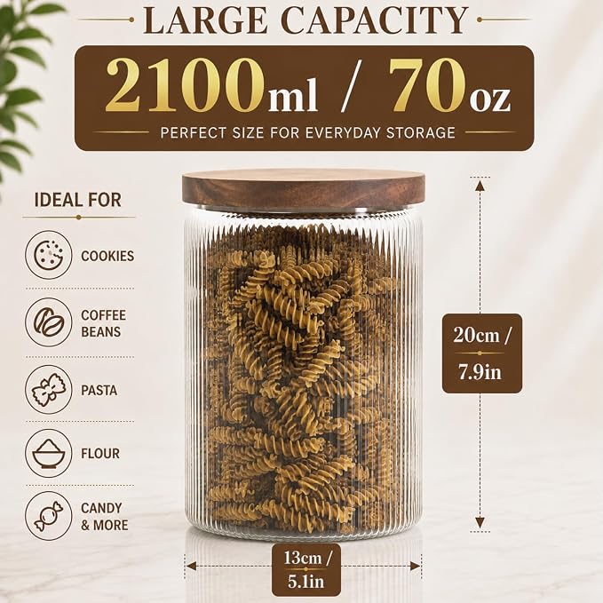 Mason & Fable Ribbed Glass Jar with Wooden Lid 70fl.oz- Set of 2 | Airtight Fluted Storage Container for Cookies, Pasta, Coffee, Dog Treats, Snacks | Organization Canisters for Home & Kitchen