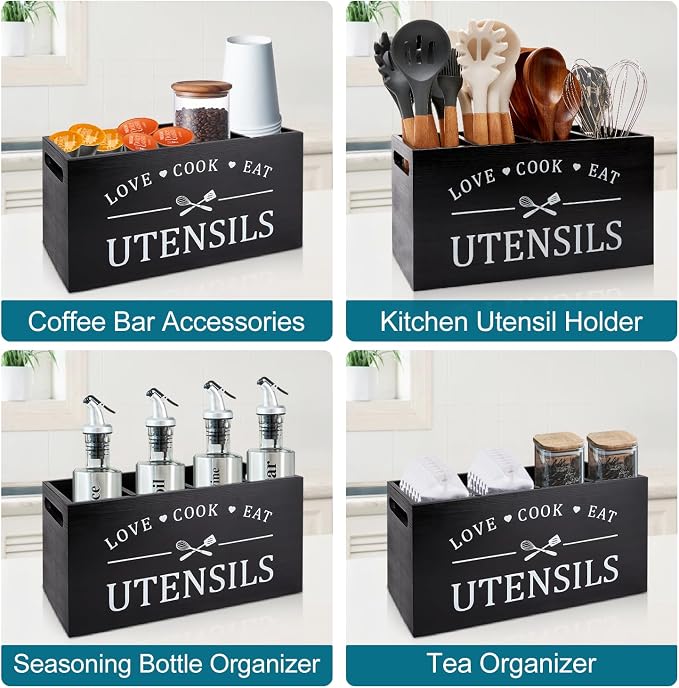 Black Extra Large Wood Cooking Utensil Holder Kitchen Spatula Spoon Holder | Wooden Utensils Caddy for Kitchen Countertop Organizer Rustic Decor Kitchen Counter Tool Holder Farmhouse Utensil Crock