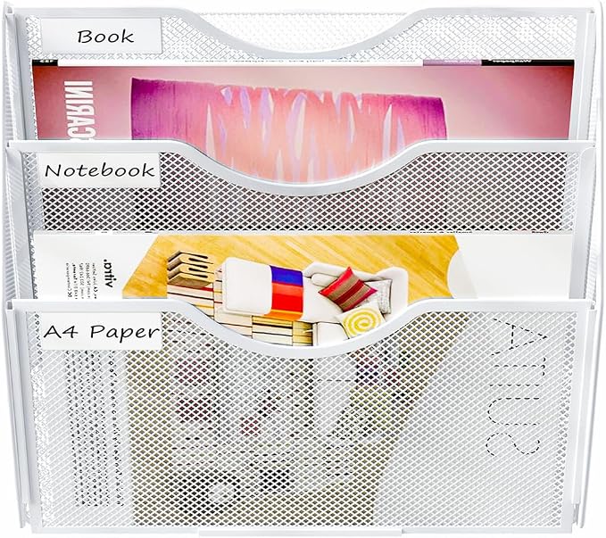 PAG Hanging Wall File Holder, 3 Tier Mail Sorter for Wall, Mesh Office Wall Organizer For Papers/Folders/Files Clipboard & Magazine, White