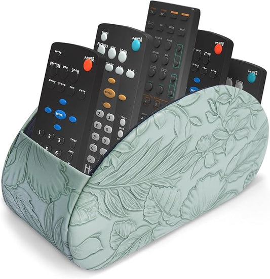 Remote Control Holder, PU Leather Remote Caddy Desktop Organizer with 5 Spacious Compartments for TV Remotes/Media Controllers/Office Supplies (1-Carved Green