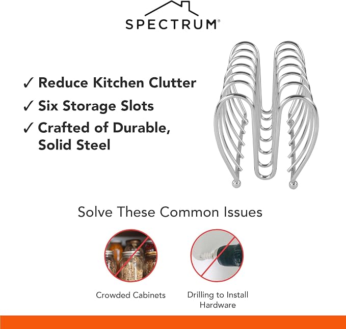 Spectrum Kitchen Cabinet Organizer Rack for Pots Pans and Lids Chrome Metal Holder for Cutting Boards Cookie Sheets and Bakeware Storage 7 Slots Cabinet Shelf Rack