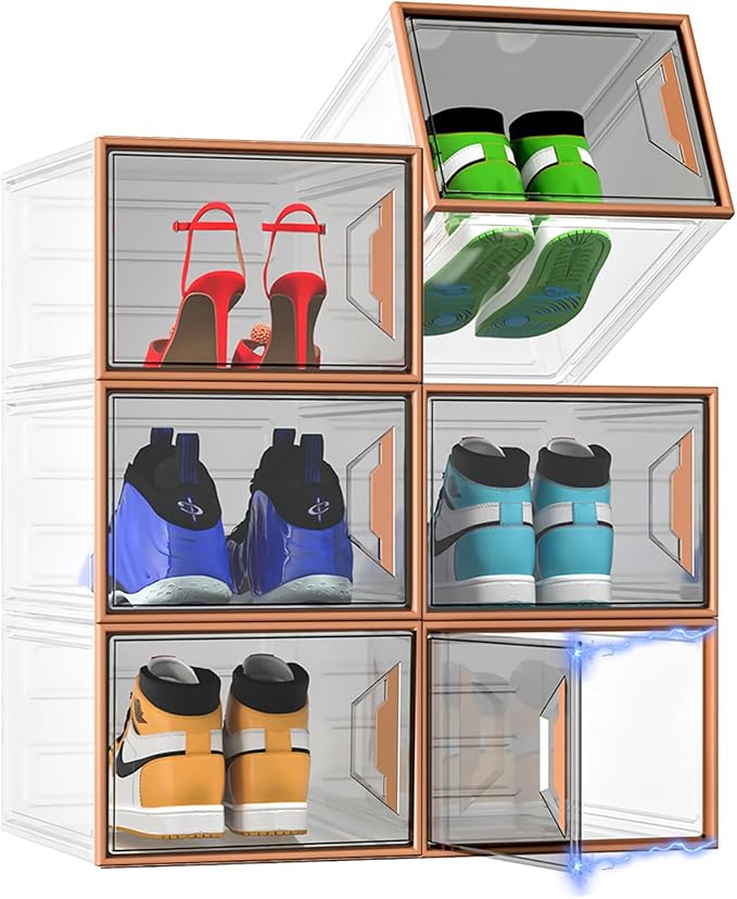 6 Pack Shoe Storage Box Organizer, Clear Thicken Stackable Plastic Shoe Boxes with Magnetic Door, Sturdy Shoe Containers for Sneakers Boots, Easy to Assemble, Fit up to US Size 12(13.2''x10.6''x7.5'')