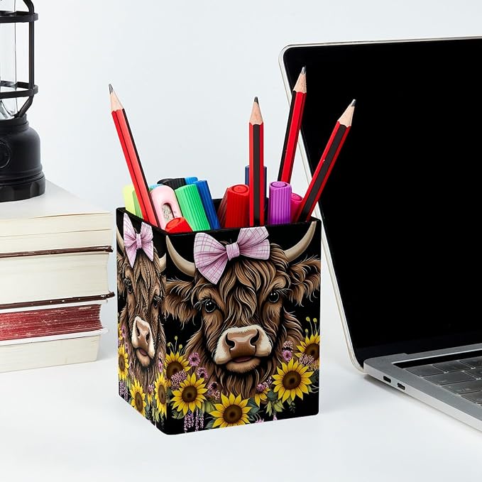 Pen Holder for Desk, Highland Cow Sunflower Pencil Holder, Pen Cup Functional Desk Organizer for Office Supplies