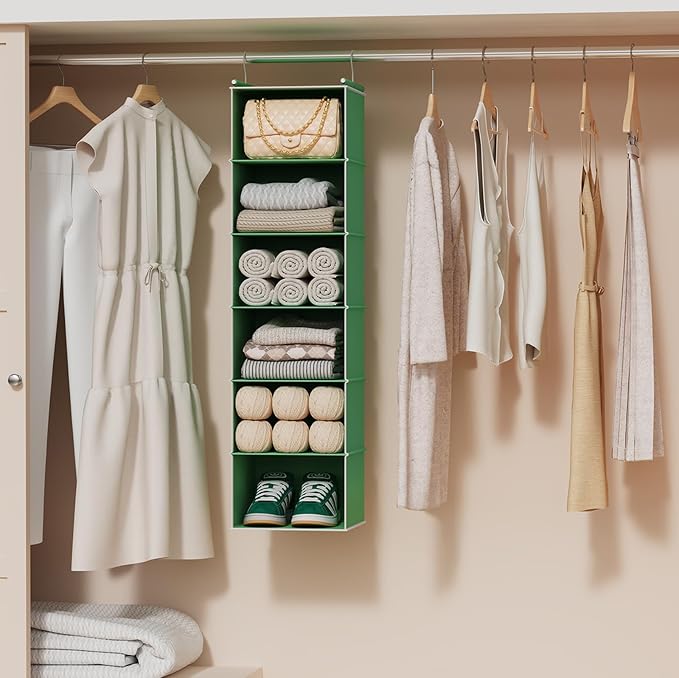 MAX Houser 6-Shelf Hanging Closet Organizer, Hanging Storage Shelves with 2 Sturdy Hooks Space-Saving for Bedroom, Foldable (Green)