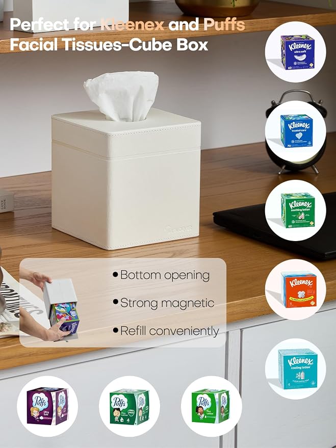 Square Tissue Box Cover Holder with Patented Texture for Kleenex/Puffs Cubes | Desktop & Shelf Decor | Stardust Black/Polar Ice/Liquid Iridium | Patented Metal-Look PU Leather -Polar Ice