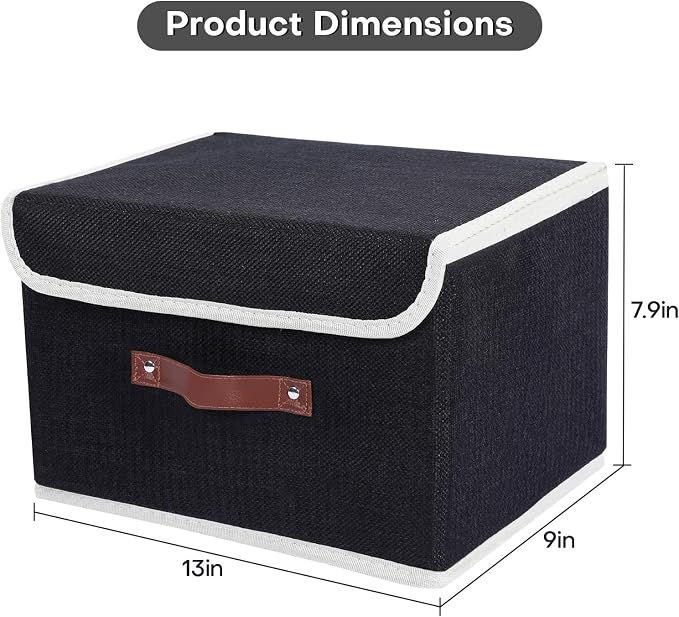 ANMINY Storage Bin with Lid Storage Boxes with PU Leather Handles PP Plastic Board Decorative Foldable Lidded Cotton Linen Fabric Home Cubes Baskets Closet Organizer Container - Black, Medium