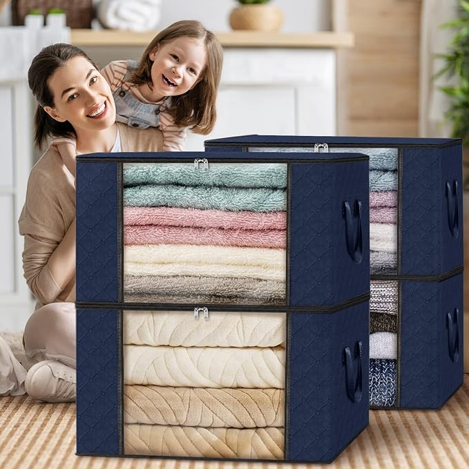 Fab totes Storage Bags,Clothes Blanket Storage Bins Foldable Closet Organizers with Reinforced Handle for Home Dorm Storage and Organization,Fabric Bags for Organizing Sheets,Clothing (Blue,4 Pack)