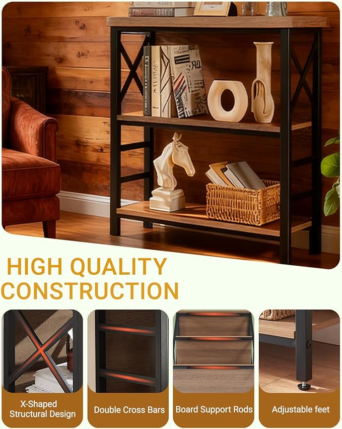 MNEETRUNG Book Shelf, Small 3-Tier Industrial Bookshelf with Strong Metal Frame & Backboard, 29.5" Short Bookcase for Small Spaces, Living Room, Bedroom and Home Office, Brown