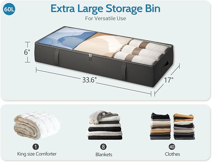 Vailando Storage Containers, 8 Inches Tall 80L Underbed Storage Bins with Sturdy Handles and Sidewalls, Closet Organizer for Clothes, Blankets, Seasonal Items, Black, 2-Pack