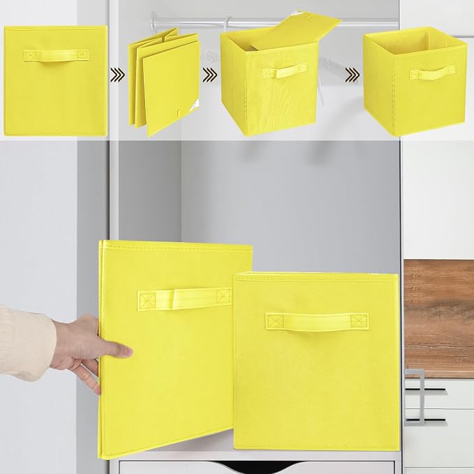 3 Pcs Storage Cubes, 10.5 Inch Collapsible Storage Bins, Fabric Foldable Bins for Organization, Durable Storage Bins for Closet, Shelves, Offices (Yellow)