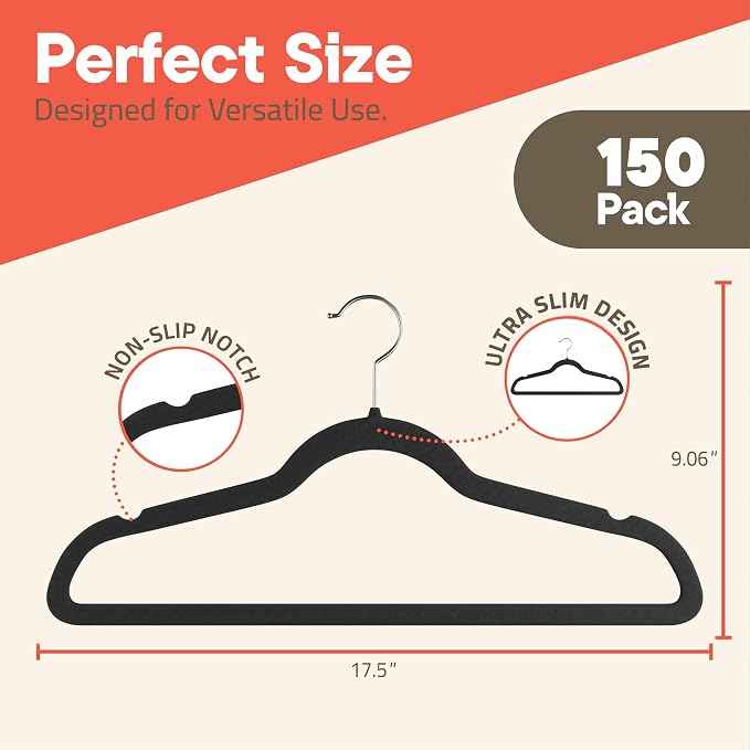 Black Velvet Hangers 150 Pack – 360° Swivel Hook, Non-Slip and Space Saving Hangers, Heavy-Duty 11 lbs Weight Capacity - Smooth Velvet Finish for Crease-Free Clothes and Effortless Closet Organization