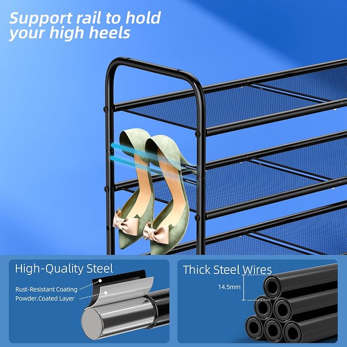 SUFAUY 3-Tier Mesh Shoe Rack, Closet Metal 33" Wide Shoe Shelf Heavy Duty, Black