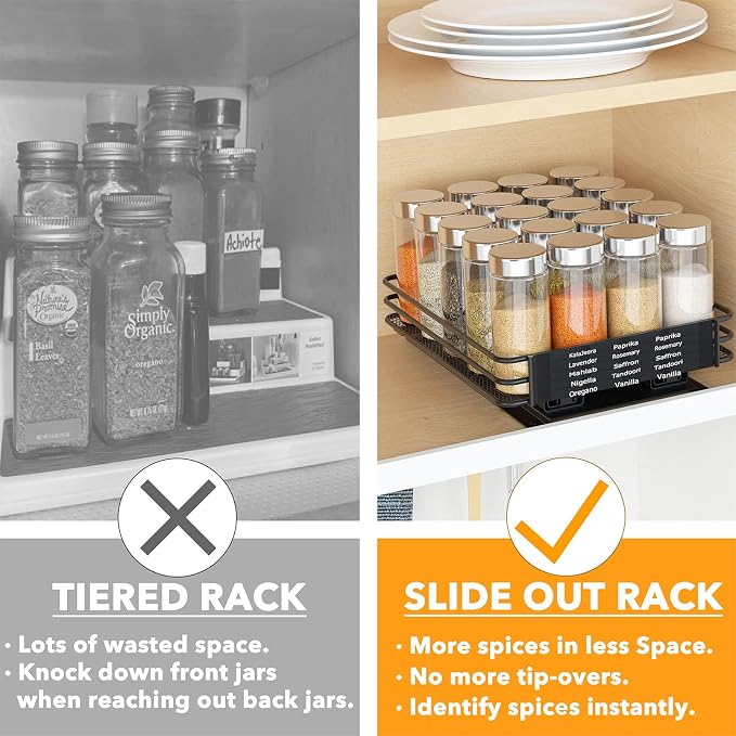 SpaceAid Pull Out Spice Rack Organizer for Cabinet, Heavy Duty Slide Out Seasoning Kitchen Organizer, Cabinet Organizer, with Labels and Chalk Marker, 8.5" W x10.75 D x2.5 H, 1 Drawer 1-Tier