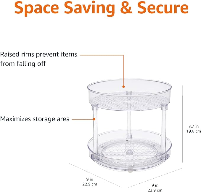 Amazon Basics Lazy Susan Turntable Organizer for Spices and Condiments, 9" Diameter, 2 Tier, Clear