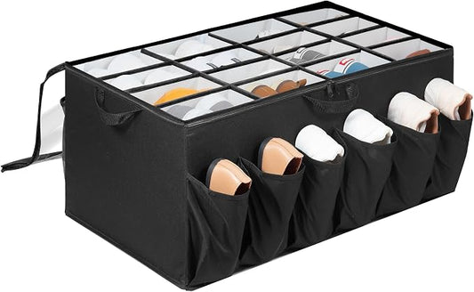 Extra Large Fabric Shoe Organizer for Closet, Fits up to 28 Pairs, Foldable Shoe Storage Bin Containers with Adjustable Dividers and Clear Cover, Black, 1 Pack