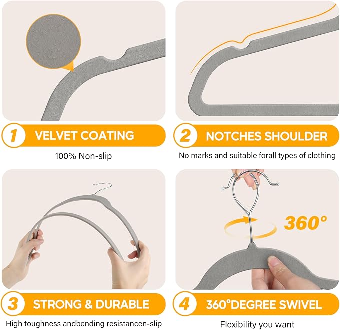 HealSmart Velvet Hangers 70 Pack, Space Saving Clothes Hangers for Closet, Non-Slip Heavy Duty Coat Hangers for Pants, Shirt, Sweater, Suit & Dress Clothing with 360° Swivel Hook, Grey