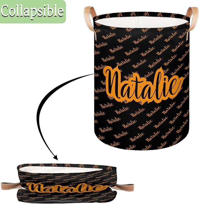 Personalized Laundry Basket, Custom Gift Laundry Hamper, Collapsible Nursery Waterproof Laundry Baskets, Dirty Clothes Toy Hamper with Handles Name Black Orange