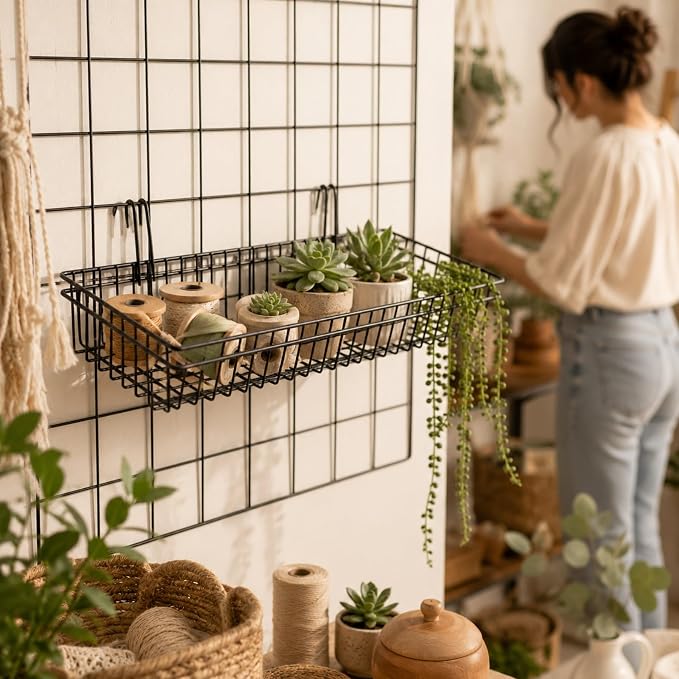 ANZOME Grid Wall Baskets, 4 Pack Black Wire Mesh with Hooks | Hanging storage bins for craft room, retail, office & pantry, built-in mounting clips, display shelf organizer, sturdy quad