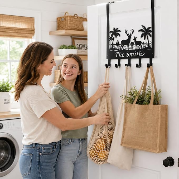 Personalized Over The Door Key Holder with Hooks, Custom Family Name Metal Door Hanger, Beach Deer Wall Hook Rack for Entryway Bedroom Bathroom, Housewarming Gift for New Homeowners