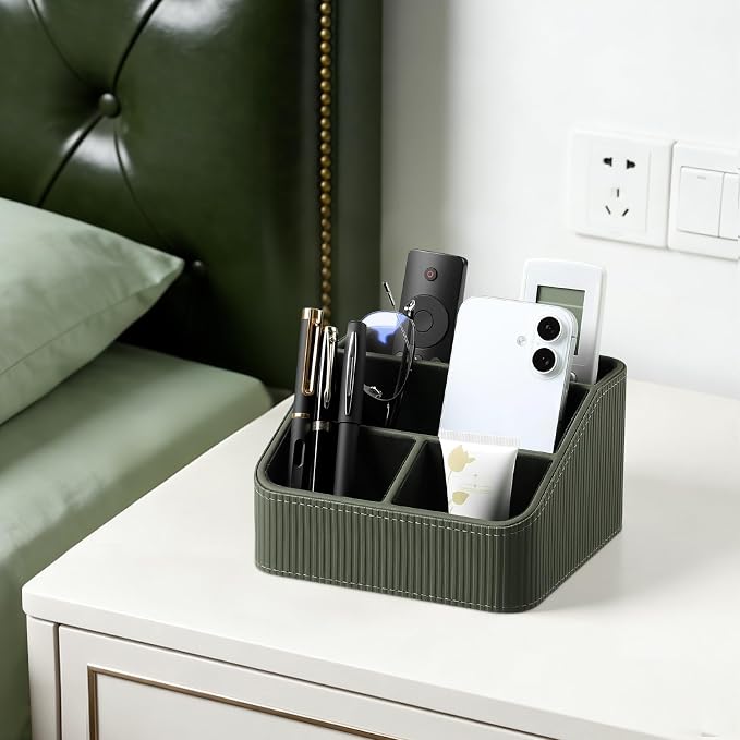 Remote Control Holder with 4 Compartments, PU Leather Small Nightstand Organizer for Home Desk Accessories Office Supplies, Multifunctional Stylish Small Bedside Desktop Organizers (Green)