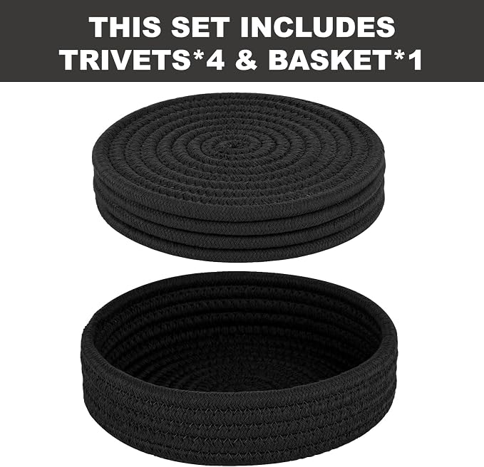 Trivets for Hot Dishes, Pots and Pans, Heat Resistant Hot Pads with Storage Basket, Pot Holders for Kitchen Countertop, Trivet Mats Home Essentials Farmhouse Decor (Black 4 Pcs)