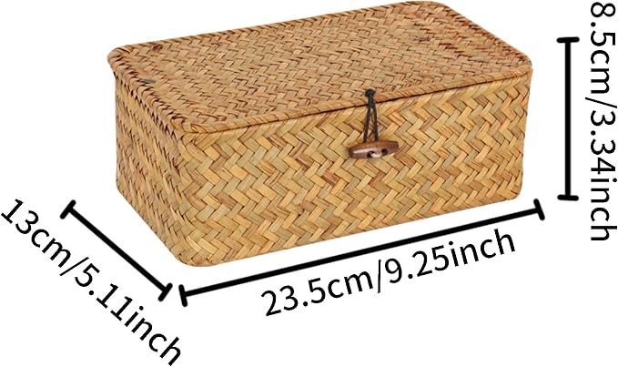 FEIALNDUO Wicker Shelf Baskets with Lid,Seagrass Storage Basket Bins Rectangular Handwoven Basket Boxes for Shelves Desktop Home Organizer (Natural, X-Small)