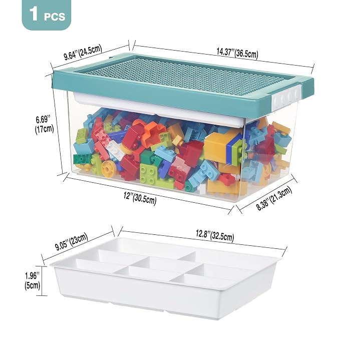 Plastic Storage Bins with Lids - 1 Set Stackable Arts Crafts Organizer Box with Removable Divided Tray &Compatible Building Baseplate,Toy Chest Containers for Bricks -Green(14.37"x9.64"x6.69")