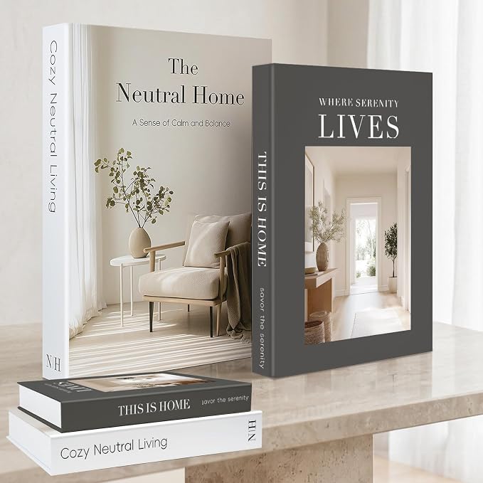 Decorative Books for Neutral Home, Fake Books Storage Boxes for Decoration | Set of 2 Coffee Table Books with Hidden Storage, Stackable Photo Keepsake Box for Living Room Bookshelf Decor, Gray