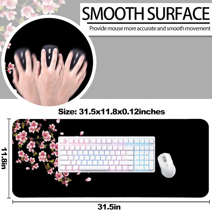 Japanese Cherry Blossom Gaming Desk Mat, Computer Keyboard Large Extended Flowers Mouse Pad for Office and Home, 31.5×11.8 Inches, XL, Black