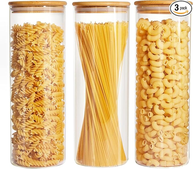 Glass Food Storage Jars with Lids 2.34 Qt [Set of 3], Perfect for Pasta, Cookies, Nuts, Coffee, Cereal, Flour, and More, Organize Your Kitchen and Pantry with these BPA-Free Glass Canisters