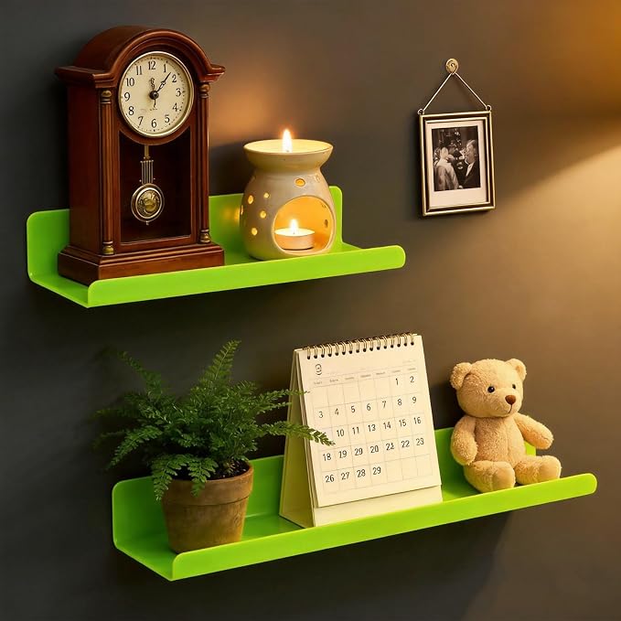 ROYALITA 2-Pack Acrylic Shelves Wall Mounted, 17 Inch Display Shelves | for Small Items Plants Organize Wall Shelves for Gaming Room, Bedroom, Living Room, Office, Green