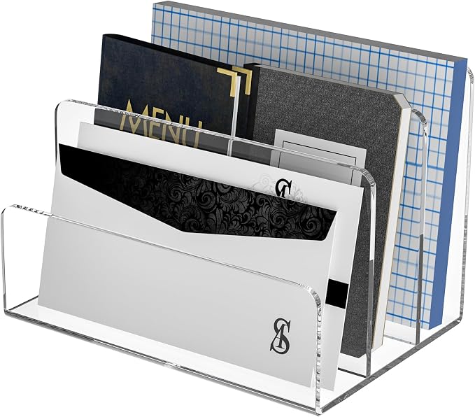 Sezanrpt Acrylic File Holder 3 Compartment, Clear Desk File Organizer, Office Magazine File Folder Organizer Desktop for Calculate, Books