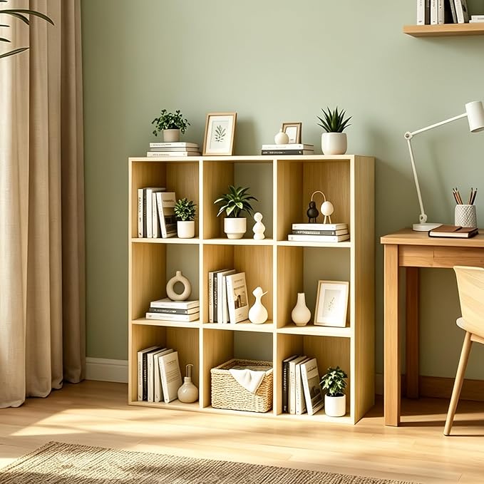 9 Cube Shelf Bookcase, Oak 11in | Anti-Tipping Kits, Reversible Open Back, Multi Layer Multi Grid Partition Layout