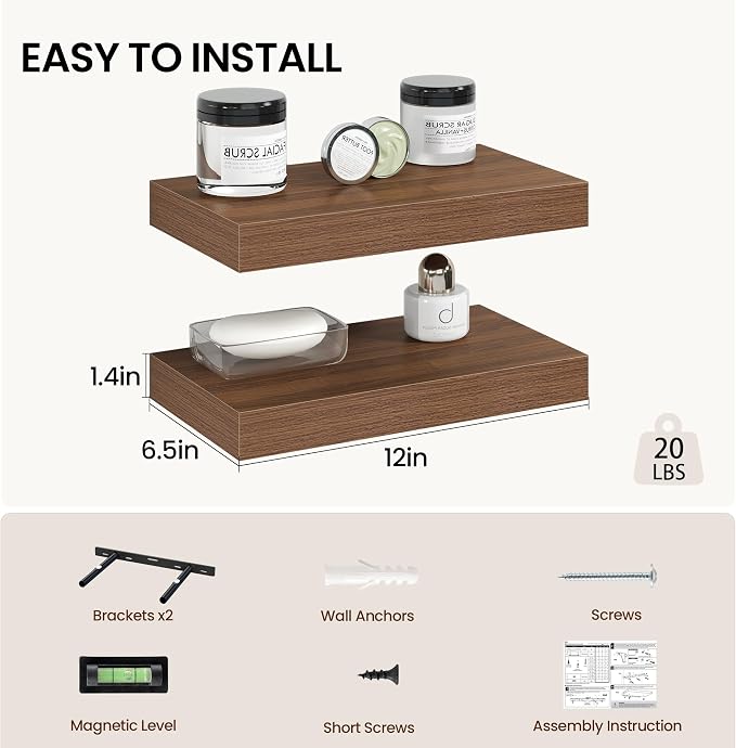 Vivelove 12 Inch Floating Shelves Wall Mounted for Display, 6.5 Deep Duty Shelves with Invisible Brackets for Living Room,Bedroom,Kitchen, Bathroom Storage & Decor,12" Wx6.5 Dx1.4 H - Walnut