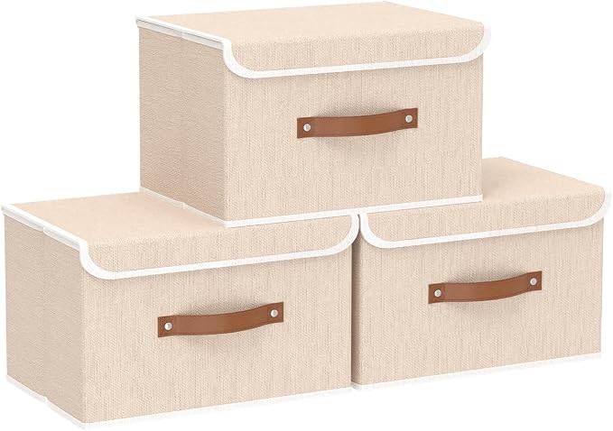 Yawinhe Collapsible Storage Boxes, Stackable Linen Fabric Baskets, Bin with lid and Leather Handle, Washable, for Home, Closet, Beige, 10.2x7.9x6.7 In, 3-Pack, SNK024BEN-3
