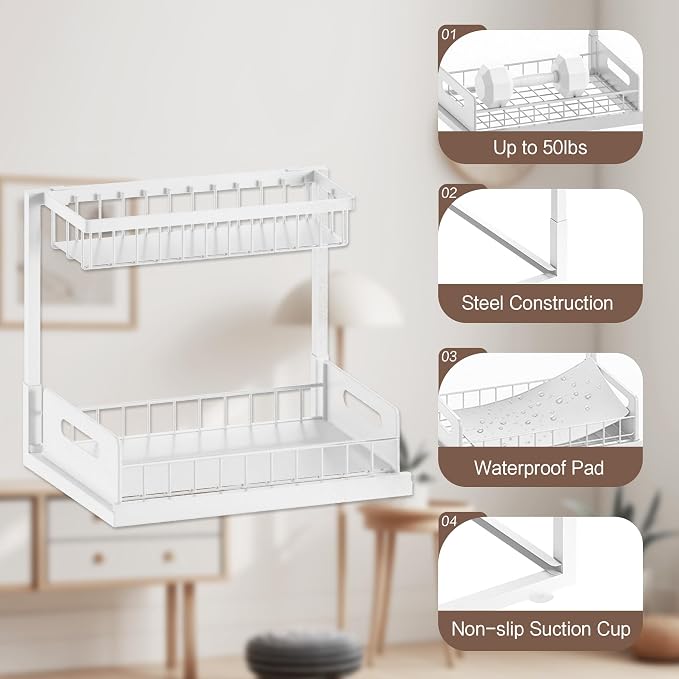 VUSIGN 2 Tier Under Sink Organizer and Storage, Slide Out Pull Out Cabinet Organizer Shelf, Storage for Kitchen Bathroom Laundry, 1Pack, White