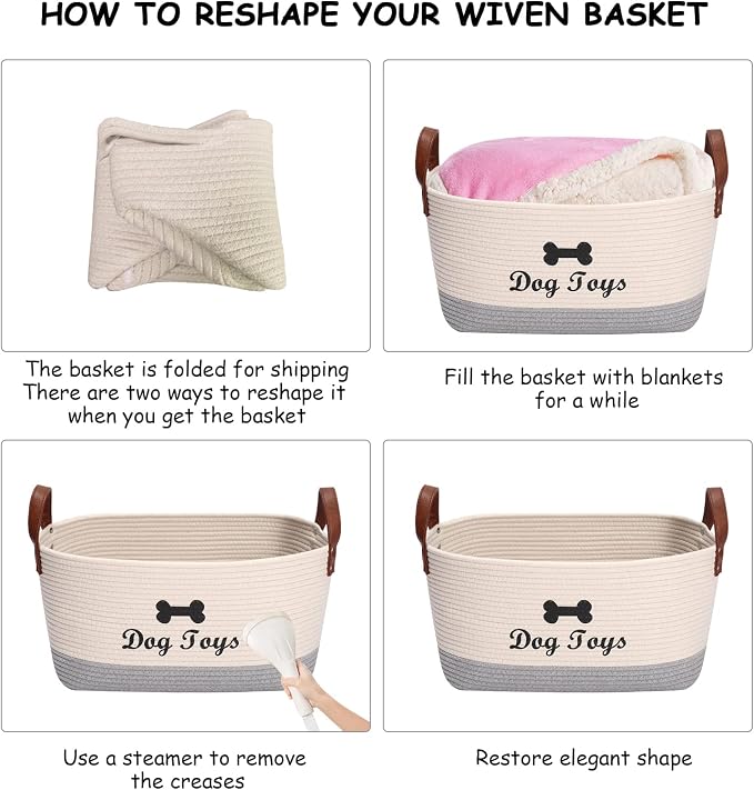 Geyecete X-Large Cotton Rope Dog Basket with Leather handle Blanket Storage Basket Decorative Clothes Hamper Basket | Extra Large Baskets for Blankets or Laundry-Beige/Gray