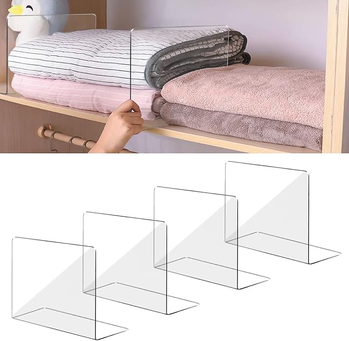 OKPOW Shelf Dividers for Closet Organization – Keep Sweaters & Purses Upright, Clear Acrylic Separators for Most Wood Shelves & Pantry, Damage-Free, Sturdy & Tall (10" x 12", 4 Pack)
