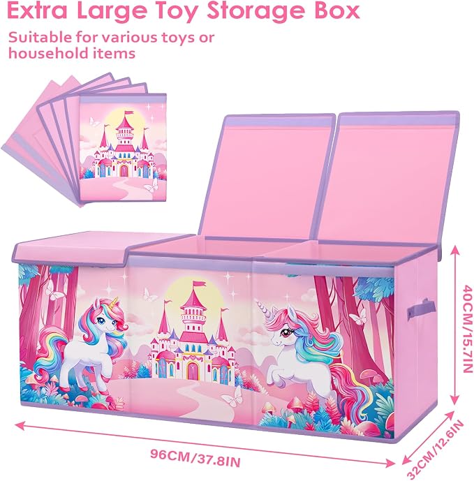 Large Toy Box Chest Organizer with Flip Lid for Kids, Collapsible Oxford Toy Storage Box with Handles for Boys Girls, Sturdy Waterproof Storage Organizer for Bedroom Playroom Nursery, 37.7×12.5×15.7''