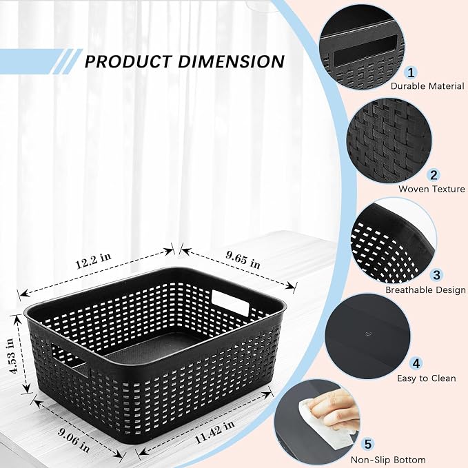 Soddeph Plastic Storage Baskets for Cabinets, Household Pantry Organization with Handle,Organizer Bins for Room,Bathrooms,Under-Sink,Kitchen (Black, M-3PACK)