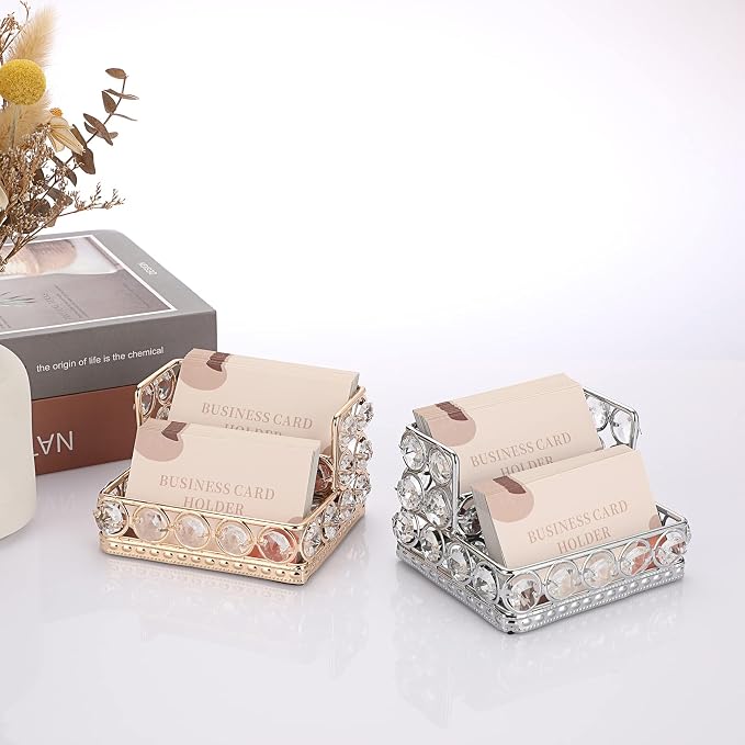 Hipiwe 2 Tiers Crystal Business Card Holder Gold Mirrored Cards Organizer | Business Cards Display Stand Desktop Name Card Storage Holder for Office Countertop
