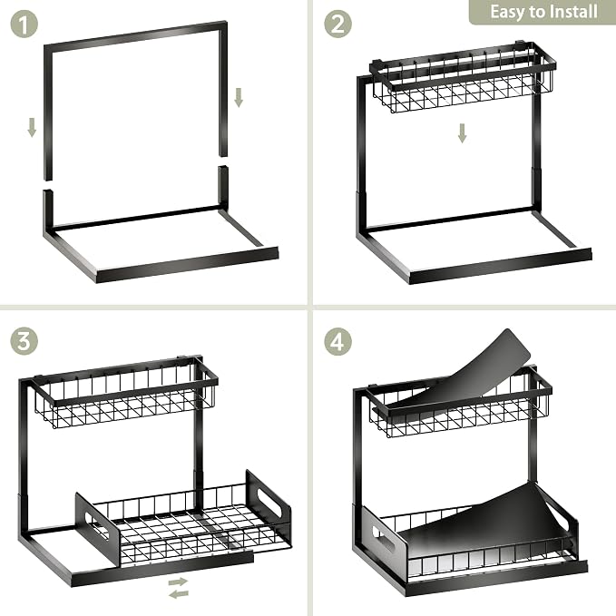 Under Kitchen Sink Organizer 2 Tier, Pull Out Bathroom Sink Organizers and Storage, Cabinet Kitchen Bathroom Storage Organization Shelf, 1 Pack Black