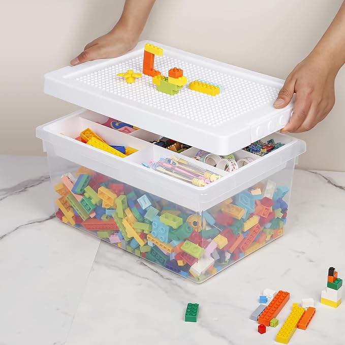 Plastic Storage Bins with Lids - 1 Set Stackable Arts Crafts Organizer Box with Removable Divided Tray &Compatible Building Baseplate,Toy Chest Containers for Bricks -White(14.37"x9.64"x6.69")