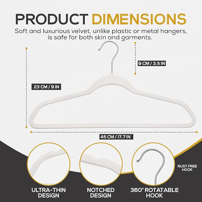Techzoo Premium Velvet Hangers 50 Pack Ultra Thin Non Slip Adult Felt Space Saving Slim Suit Hanger for Closet Heavy Duty Coat Pants Jackets Dress Hangers 360° Swivel Hook Hold Upto 10 lbs White