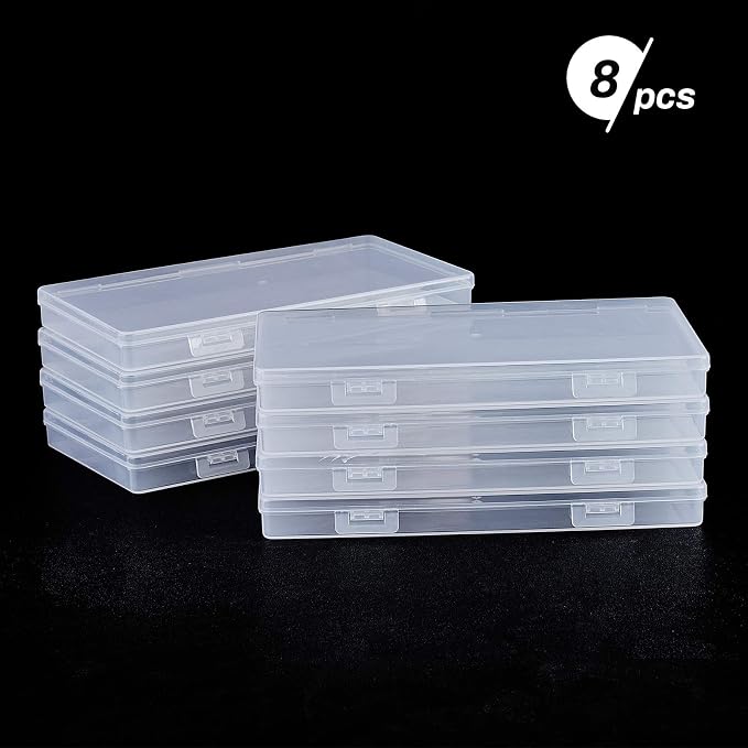 BENECREAT 8 Pack 6.5x3.5x0.6 Inch Rectangle Clear Plastic Storage Box with Double Hinged Lids for Photo, Pencil, Craft Tools, and Other Small Accessories