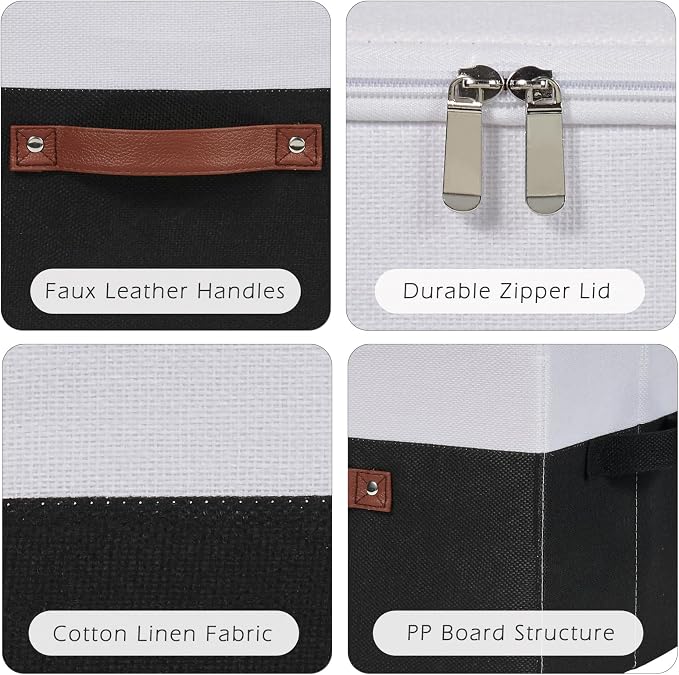 Storage Boxes with Zipper Lid Cotton Linen Fabric Lidded Storage Bins Baskets Foldable Washable Closet Shelf Clothes Organizer Container Faux Leather Handles (Black White, Large)
