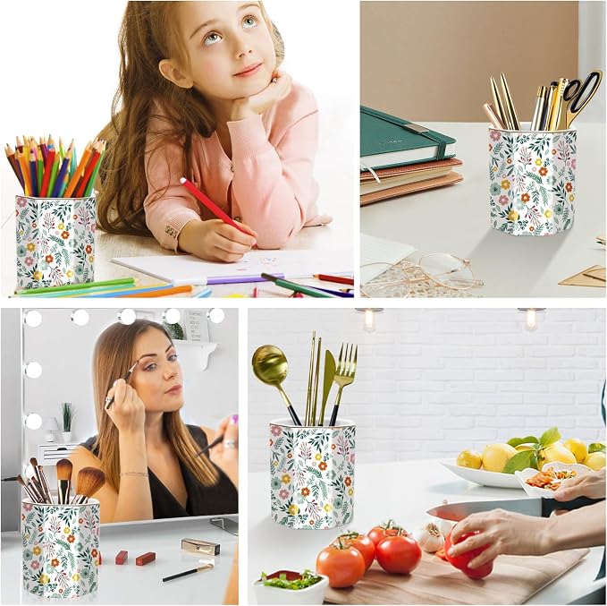 Large Capacity Colored Pen Holder for Desk, Ceramic Pencil Cup Cute Makeup Brush Holder, Desktop Supplies and Accessories, Pen Pencil Caddy for Office Home, Green Floral Pattern