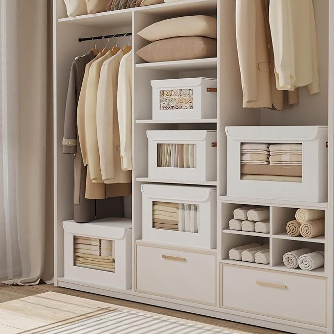 Storage Box for Shelves,White Basket,17.7x11.8x11.8In,3Pack | Sturdy Storage Baskets with Lids,Shelf Boxes with Handles and Window,Fabric Closet Containers,Decorative Drawer Bins for room